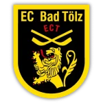 Vereinslogo des EC Bad Tölz mit gelbem Löwen, gekreuzten Eishockeyschlägern und schwarzem Schild