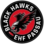 Rundes Vereinslogo der EHF Black Hawks Passau mit einem stilisierten schwarzen Falken vor rotem Kreis