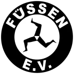 Schwarz-weißes Vereinslogo des EV Füssen mit stilisierter Eislauffigur und der Aufschrift „FÜSSEN E.V.“