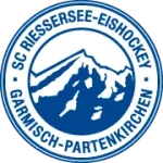 Rundes Vereinslogo des SC Riessersee mit Bergmotiv und dem Schriftzug Garmisch-Partenkirchen