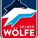 Logo der Selber Wölfe mit stilisiertem Eishockeyspieler in Blau, Weiß und Rot
