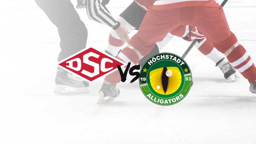 Auf der Eisfläche stehen sich zwei Eishockeyspieler gegenüber, zwischen ihnen steht ein Schiedsrichter. Auf dem Bild sind die Logos der Mannschaften ESC und Höchstadt Alligators zu sehen, außerdem weist ein „VS“ auf ein bevorstehendes Spiel hin.